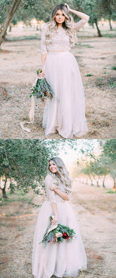 Long Sleeve Lace Two Piece Wedding Dress Tulle Skirt Bridal Separates Long Sleeve Top,20082202-Dolly Gown
